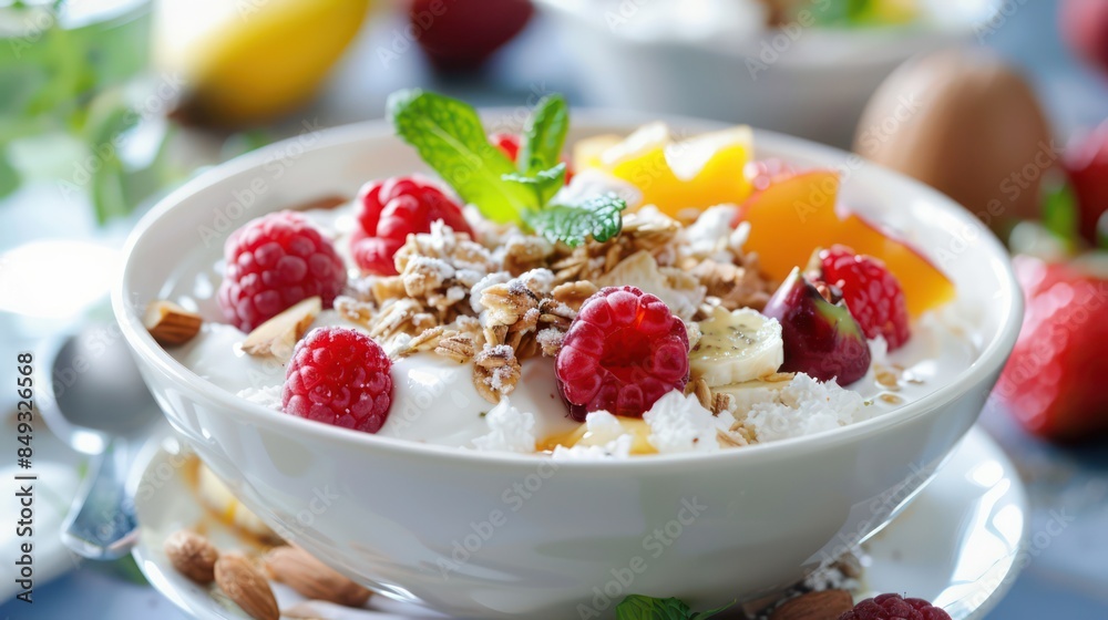 A vibrant and healthy breakfast option featuring a white bowl filled with yogurt, granola, and a variety of fresh fruits and berries A vibrant and healthy breakfast option featuring a white bowl filled with yogurt, granola, and a variety of fresh fruits and berries