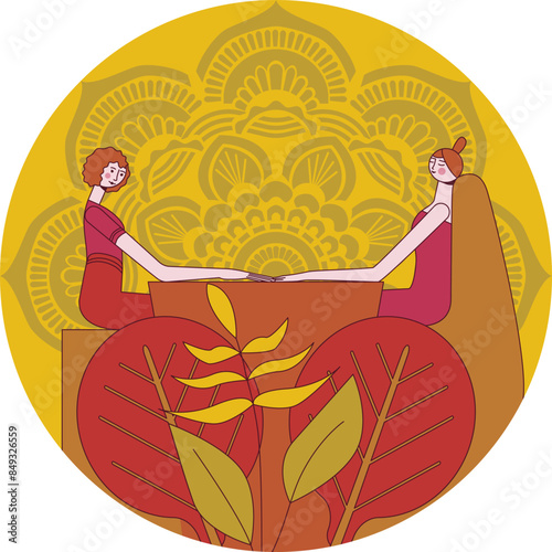 Manicure and hand-massage techniques. by professional manicurist in spa. SPA design concept.  Isolated flat vector illustration in circle shape.