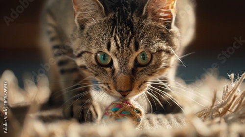 A cute cat is playing with a toy. The cat is very focused on the toy.