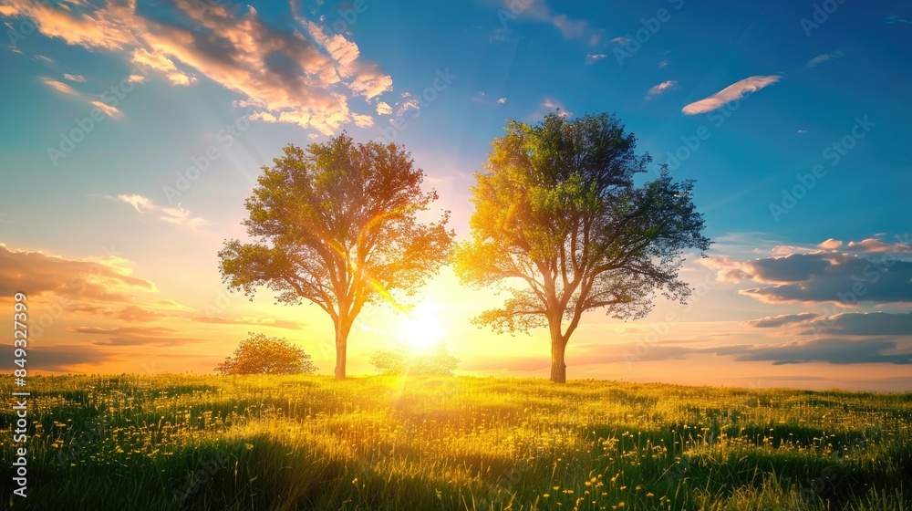 Obraz premium Sunset view with two trees and a clear blue sky