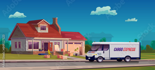 Electric cargo van, cargo delivery. Moving to a new place of residence, housewarming. Country two-story house with a garage, unpacking things, boxes and furniture. Vector cartoon illustration.