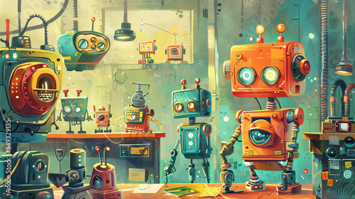 A colorful room with robots and a robot that is missing an arm. The room is filled with various robots and a few other objects