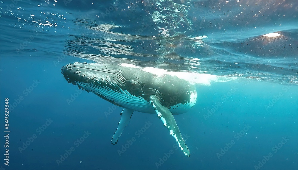 Fototapeta premium A Baby Humpback Whale Plays Near the Surface