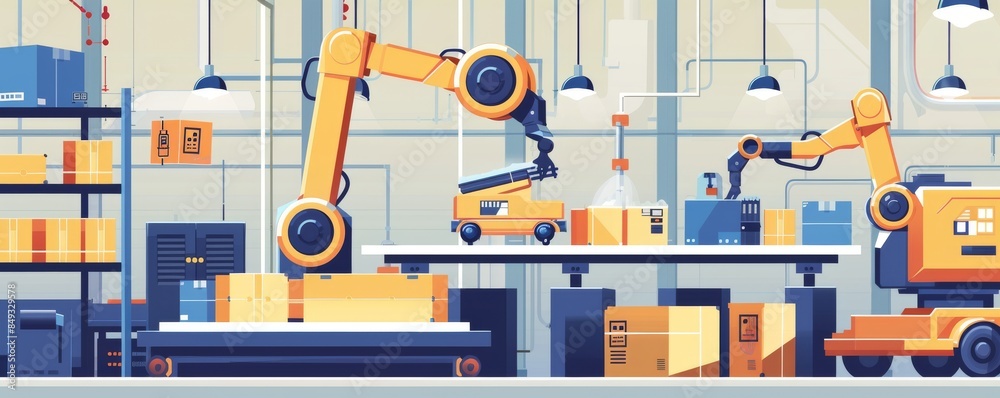 Automated warehouse with robotic arms sorting and packaging, depicting modern logistics and technology
