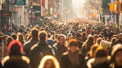 Large crowd walking in a city street at sunset, backlit by the golden sunlight, showcasing urban life and the daily commute.