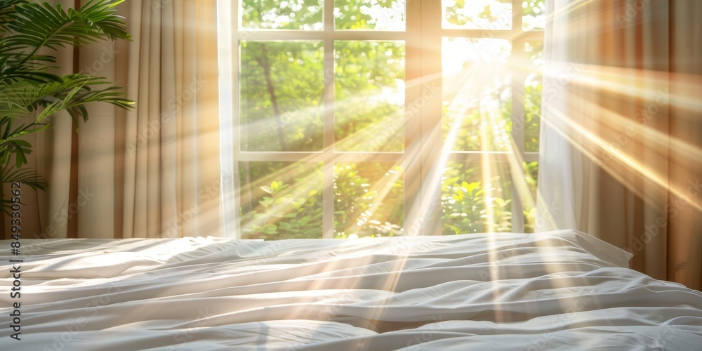 Sunlit bedroom with white bed linens and green plants, creating a serene and peaceful morning atmosphere. The concept is calm and rejuvenation. Sunlit bedroom with white bed linens and green plants, creating a serene and peaceful morning atmosphere. The concept is calm and rejuvenation.