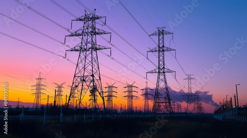 High-voltage power lines and towers silhouetted against a vibrant sunset sky, highlighting industrial infrastructure. The concept is energy and technology.