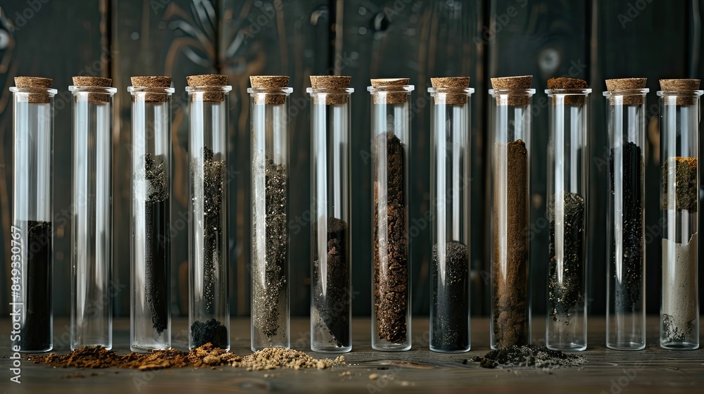 Obraz premium test tubes with soil on the table. Selective focus