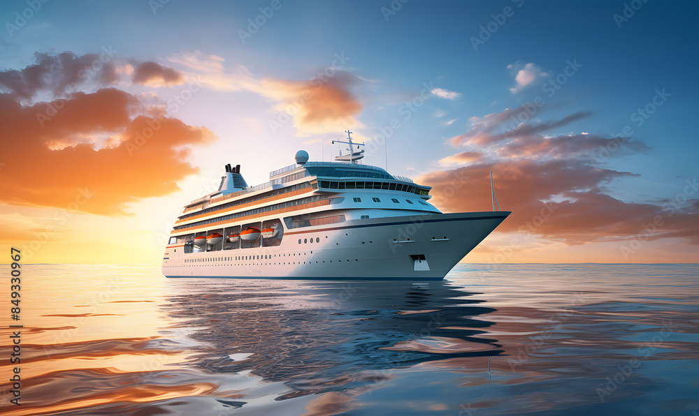A cruise ship on a luxury cruise in the ocean sea. Concept of exclusive tourism travel on vacation.