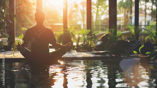 A person sitting in a meditative pose by an indoor pool, surrounded by lush green plants and bathed in warm, golden light, creating a tranquil atmosphere.