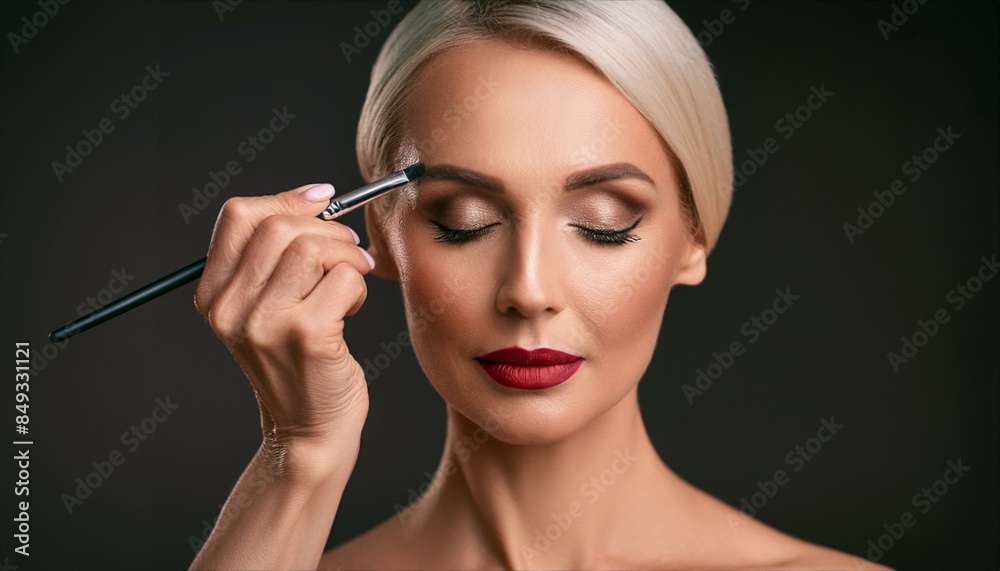 A fashion-forward woman expertly applies her makeup set, enhancing her human face with bold eyeliner and vibrant lipstick, while her eyes sparkle with perfectly groomed eyebrows and fluttering lashes A fashion-forward woman expertly applies her makeup set, enhancing her human face with bold eyeliner and vibrant lipstick, while her eyes sparkle with perfectly groomed eyebrows and fluttering lashes