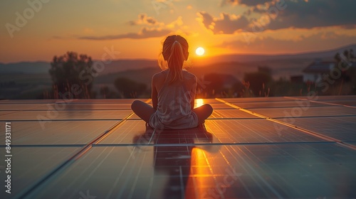 A girl sitting on solar panels, facing a beautiful sunset. She against the warm hues of the setting sun