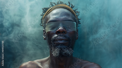 Portrait d'un homme âgé d'une quarantaine d'année sur fond noir, barbe grisonnante, tresses africaines et lunettes fumées, atmosphère bétonnées, parking ou brouillard photo