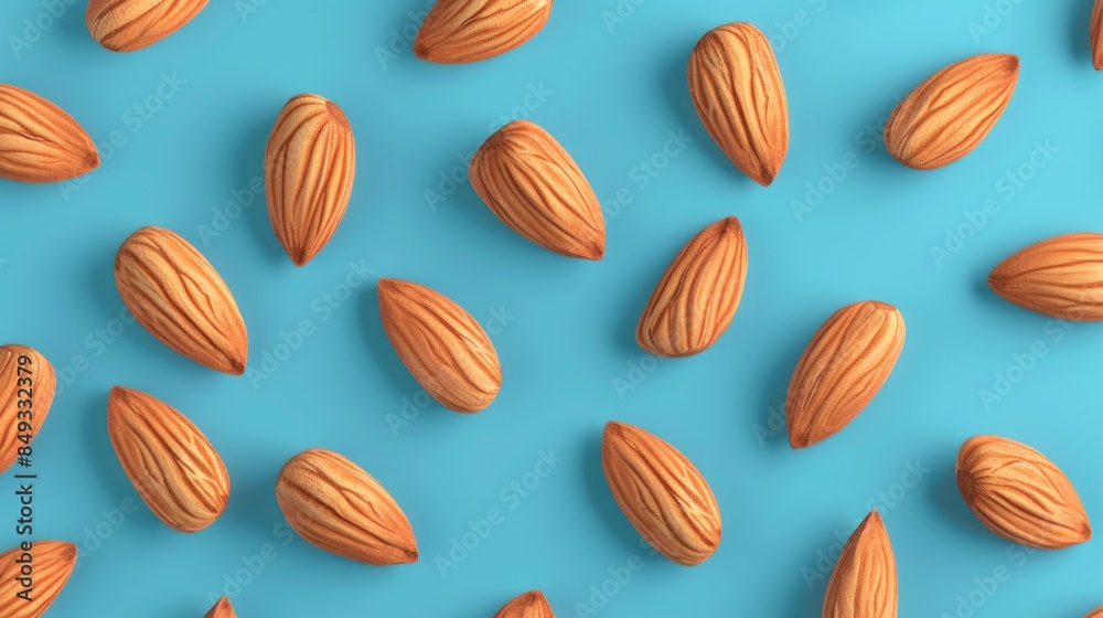 Many almond nuts on a blue background. Many almond nuts on a blue background.