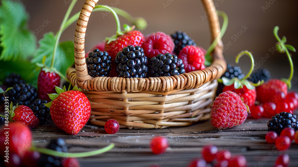 Les baies d'été : cueillette de mûres, framboises, fraises et groseilles du jardin dans un panier en osier Les baies d'été : cueillette de mûres, framboises, fraises et groseilles du jardin dans un panier en osier