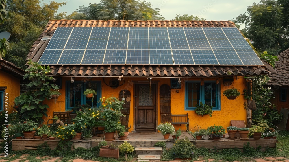 A quaint yellow house adorned with green ivy features a modern touch with its roof fully equipped with solar panels.