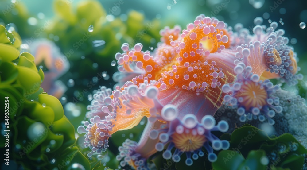 a tropical sea creature is surrounded by green plants and snails, in the style of rendered in cinema4d, futuristic chromatic waves, dark purple and light orange, molecular structures,