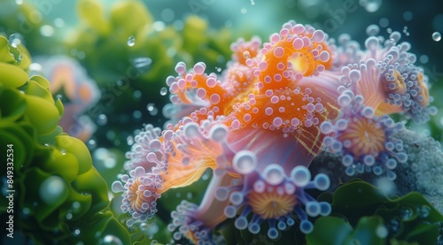 a tropical sea creature is surrounded by green plants and snails, in the style of rendered in cinema4d, futuristic chromatic waves, dark purple and light orange, molecular structures,