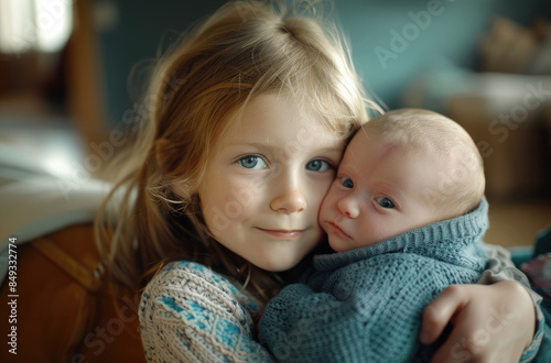 Happy little girl holding newborn baby brother at home, closeup portrait of happy sister holding her newborn brother in her arms in the living room