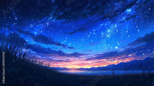 illustration of a girl sitting alone at night under an aesthetic night sky