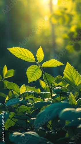 Nature background art young green leaves. Beautiful leaves in backlight on dark background. Sunny day. Shallow depth of field.