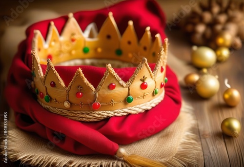 A close-up of a Three Kings Cake with a golden crown and a small figurine hidden inside, set against a rustic background.