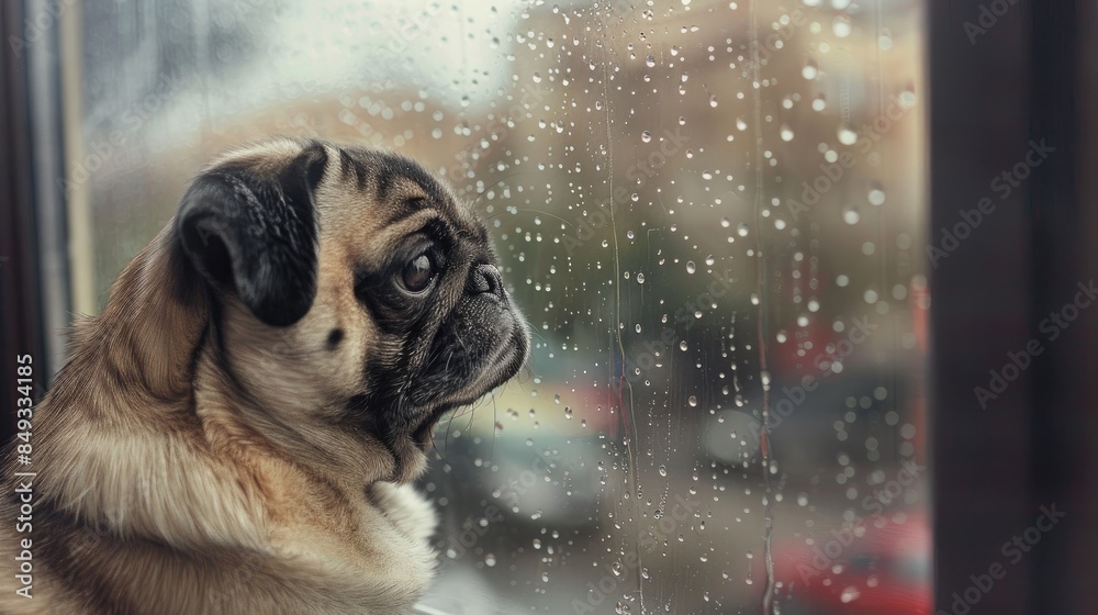 Lonely pug looks adorable sitting by window on a rainy day Lonely pug looks adorable sitting by window on a rainy day