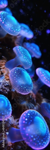 Underwater scuba scene of a colorful cyan coral reef with several White bioluminescent transparent jellyfish, angelic, ethereal, ephemeral, diaphanous 