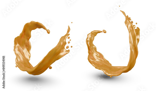 Realistic jet of yellow liquid, engaged at moment of movement. Juice, beverage, drink, sauce