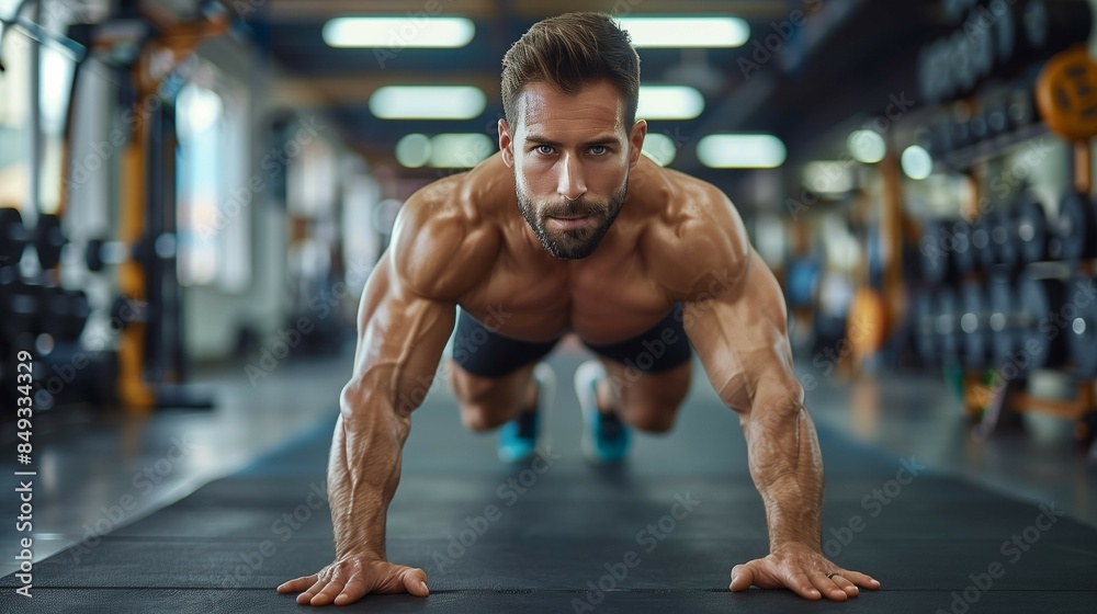 Fit man doing pushups on floor in gym,sports,copy space,healthy fitness concept. Fit man doing pushups on floor in gym,sports,copy space,healthy fitness concept.