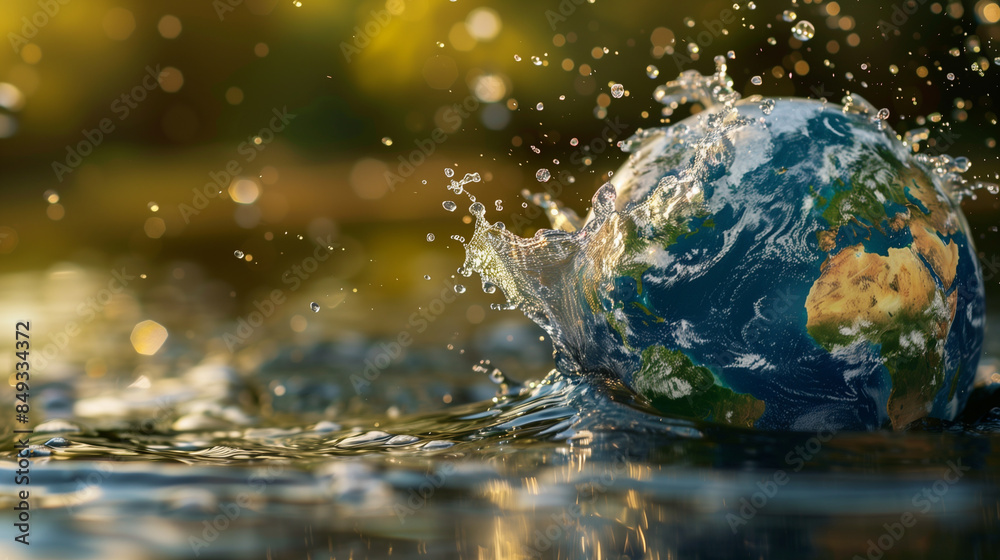 Planet Earth splashing into water with sunlight in the background Planet Earth splashing into water with sunlight in the background