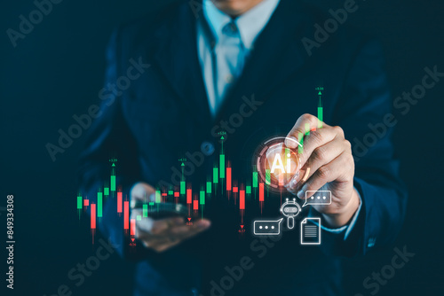 Stock market trading with AI Artificial Intelligence technology concept, Digital technology strategy for business growth, Financial investment stock market by AI. Virtual assistant on internet.