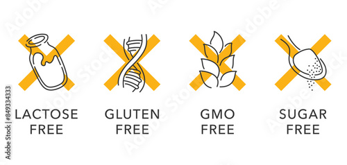 Lactose, Gluten, GMO, Sugar free yellow and outline pictograms