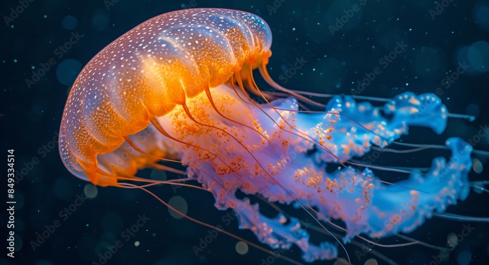 jelly fish with several orange tentacles in water, in the style of light amber and sky-blue, naturalist aesthetic, creative commons attribution