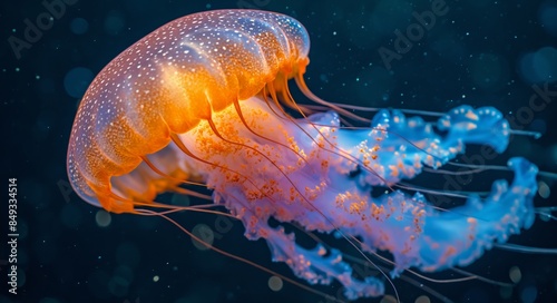 jelly fish with several orange tentacles in water, in the style of light amber and sky-blue, naturalist aesthetic, creative commons attribution