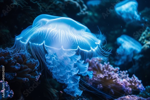 Underwater scuba scene of a colorful cyan coral reef with several White bioluminescent transparent jellyfish, 