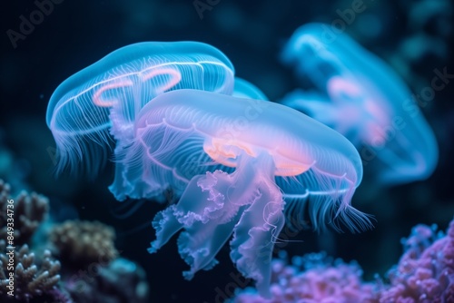 Underwater scuba scene of a colorful cyan coral reef with several White bioluminescent transparent jellyfish, angelic, ethereal, ephemeral, diaphanous 