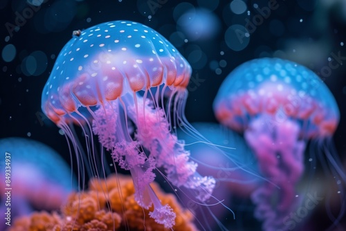 Underwater scuba scene of a colorful cyan coral reef with several White bioluminescent transparent jellyfish, angelic, ethereal, ephemeral, diaphanous