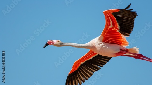 Flying greater flamingo in flight