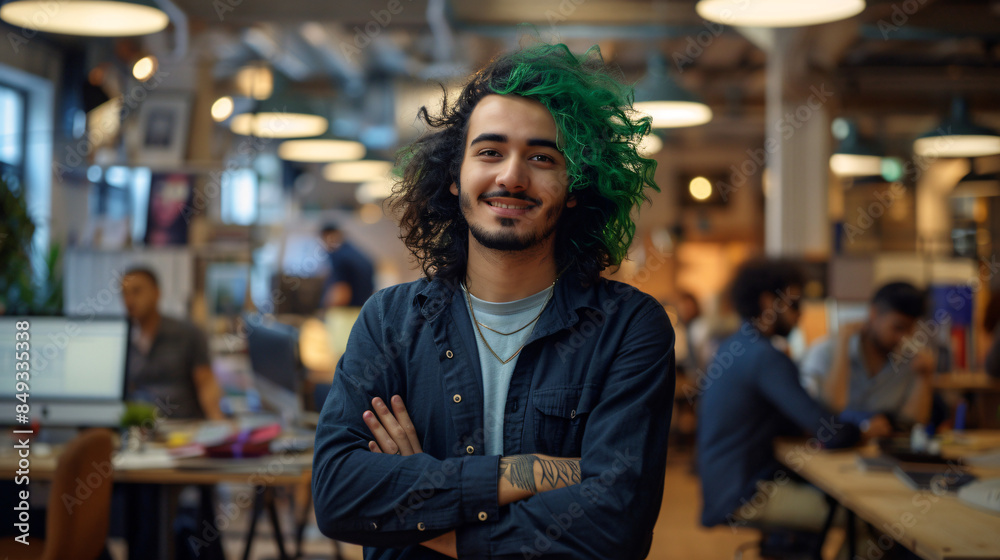 Fototapeta premium Confident young adult with bright green hair and tattoos smiling in a coworking space