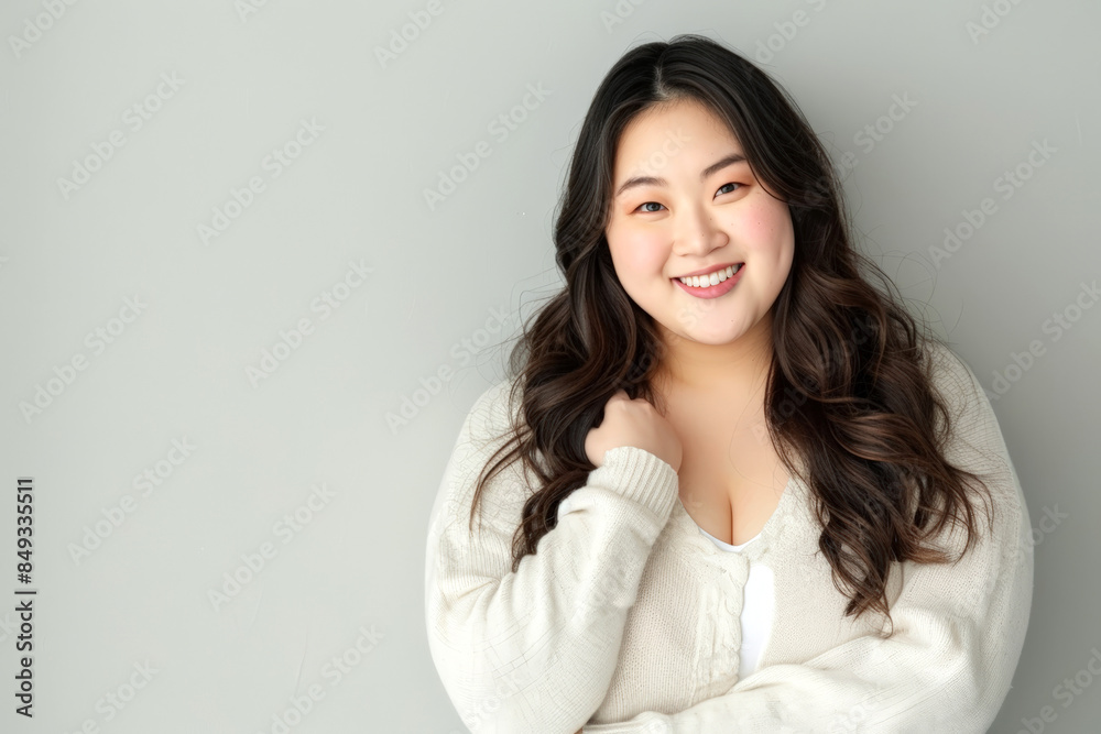 Happy plus-size Asian woman loving her life and body Happy plus-size Asian woman loving her life and body