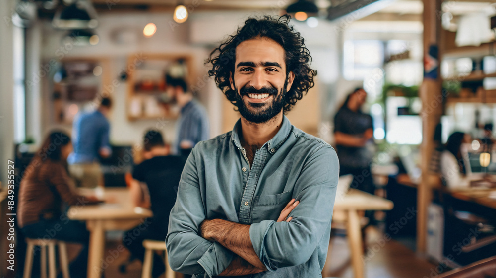 Fototapeta premium Proud young man with crossed arms smiling in a lively, bustling coffee shop
