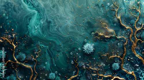 Microbial Structures on Teal Background