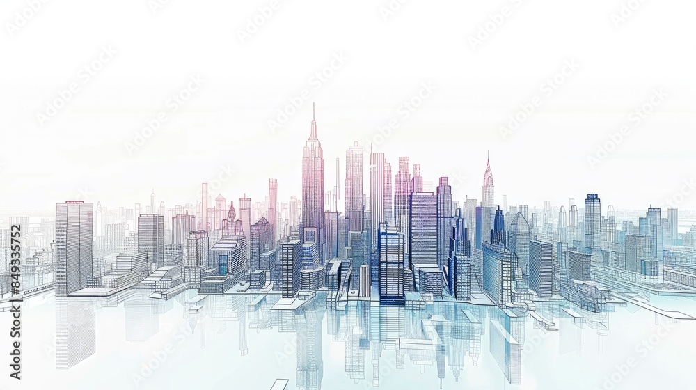 Naklejka premium Abstract cityscape line illustration isolated on solid white background. Generative AI.