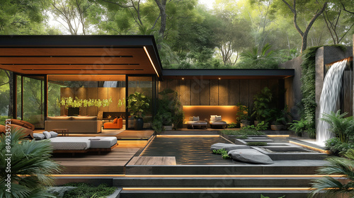 Ultrarealistic view of an outdoor terrace with modern furniture, surrounded by lush greenery and trees,outdoor view of the forest and waterfall, under the soft glow of morning light. © Wasin Arsasoi