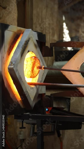 Glass vase made by artisanal glass blowing being heated by a glass heater in a glass blowing workshop