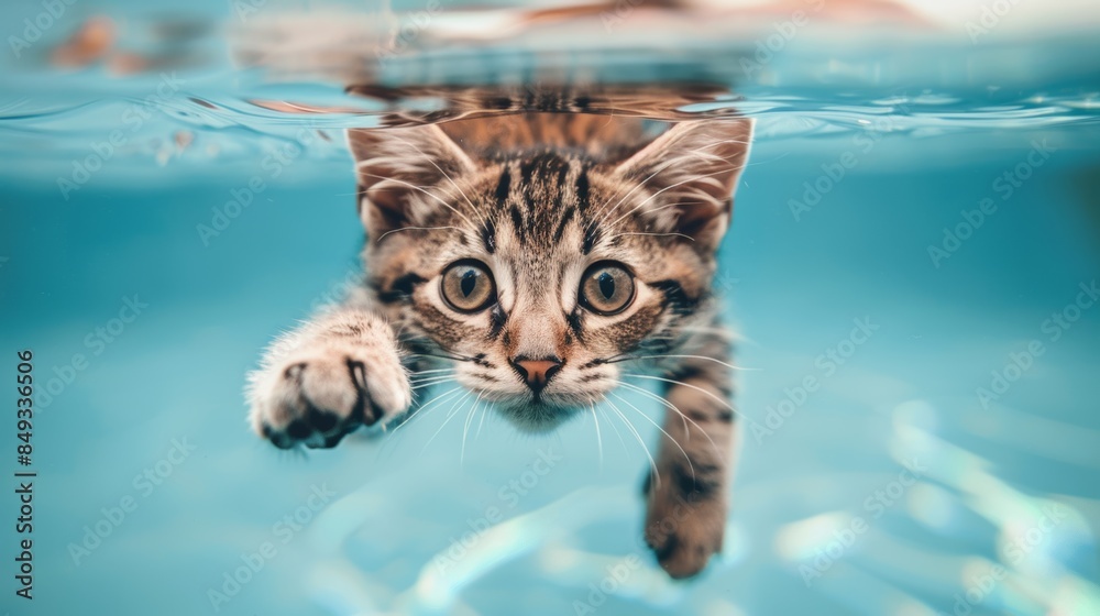 Cute tabby kitten swimming in clear blue water Cute tabby kitten swimming in clear blue water