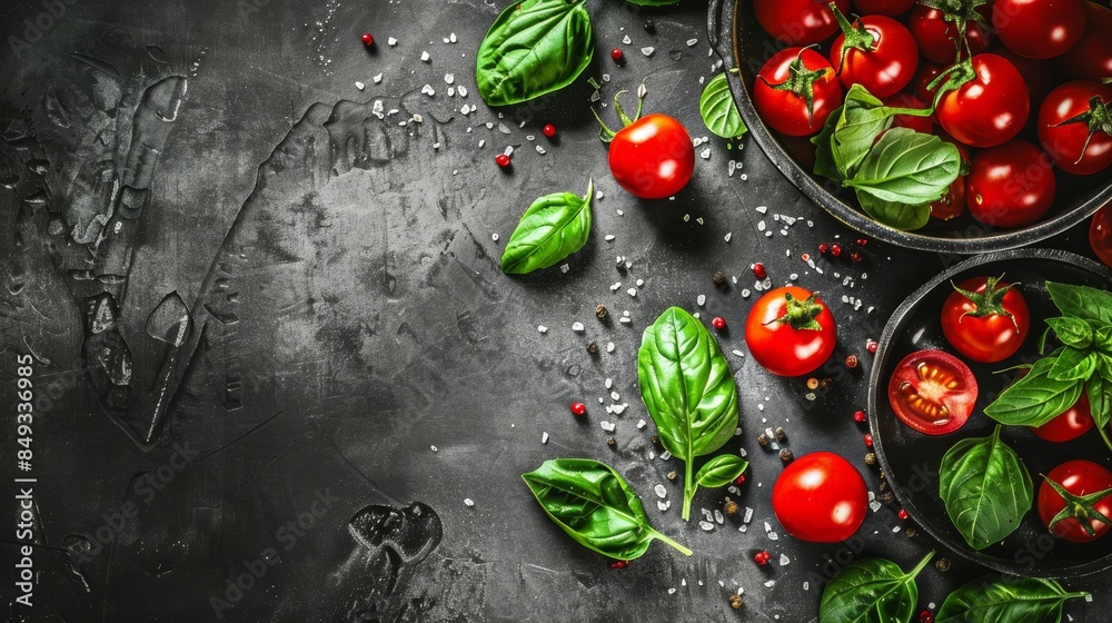 Fresh organic tomatoes and basil on dark rustic background Fresh organic tomatoes and basil on dark rustic background