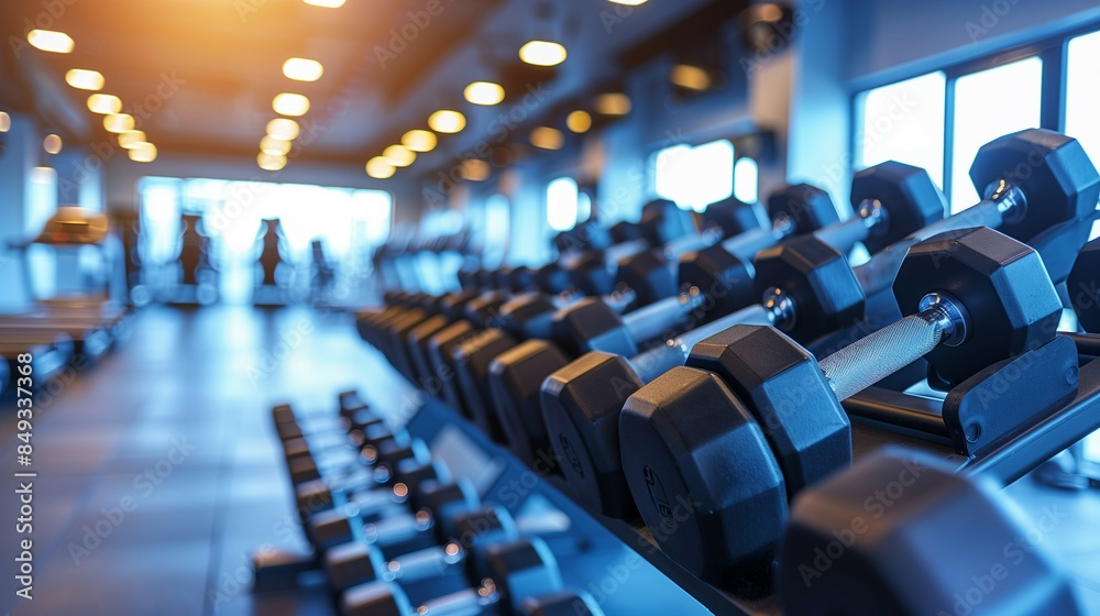 Obraz premium Row of dumbbells in the gym,blurred background,copy space,healthy fitness concept.
