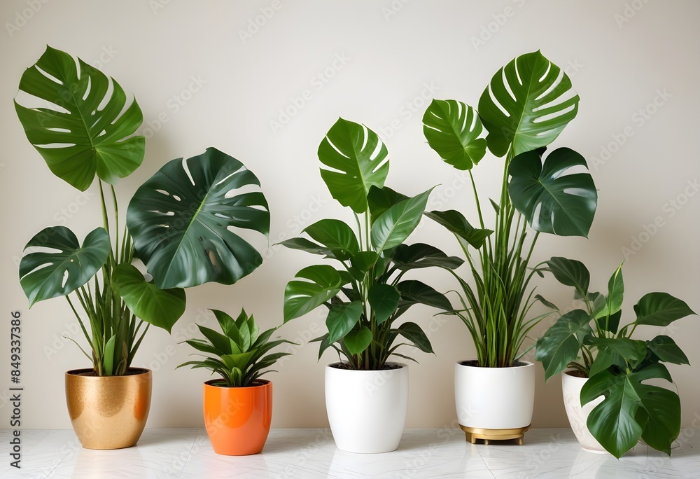 Collection of beautiful plants hanging in various ceramic pots isolated on white background